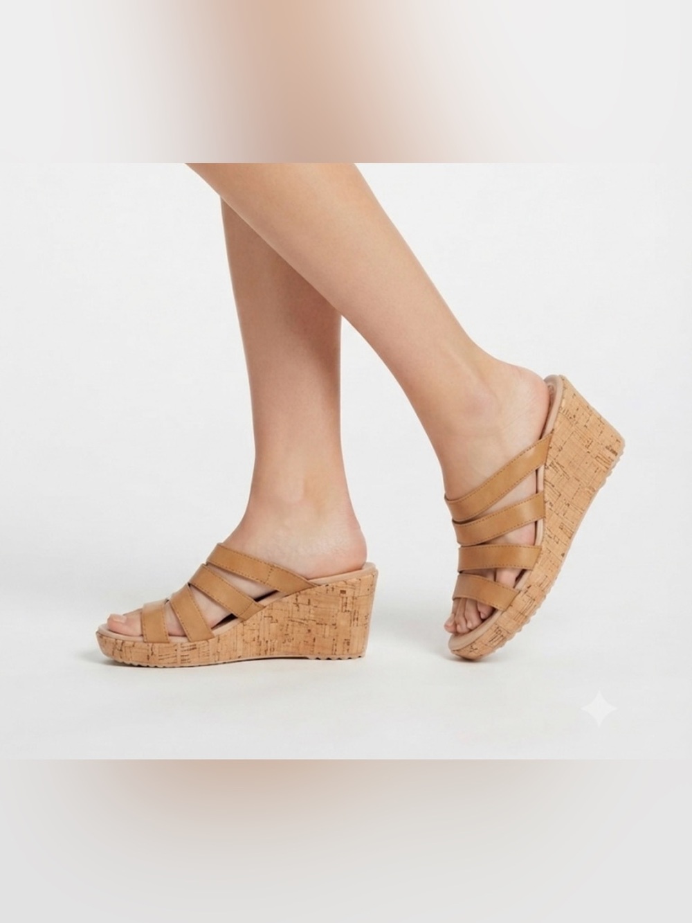 Crocs A- Leigh Tan Leather Wedge Slide Sandals Women Size 8 Cork Detail Comfort